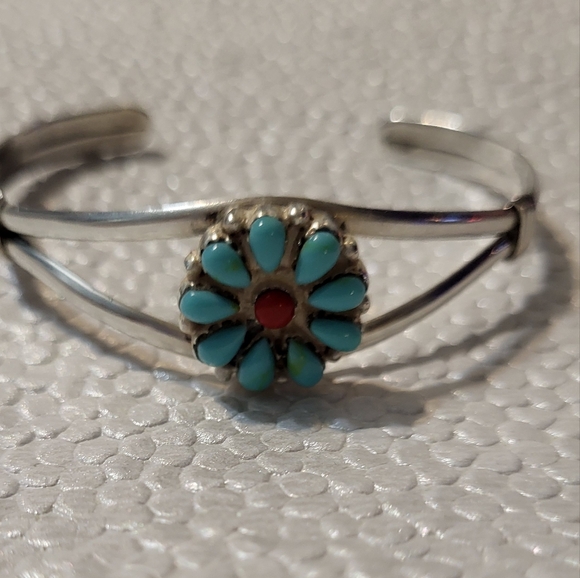 Vintage Sterling,Turquoise & Coral Cuff Bracelet - Picture 10 of 10